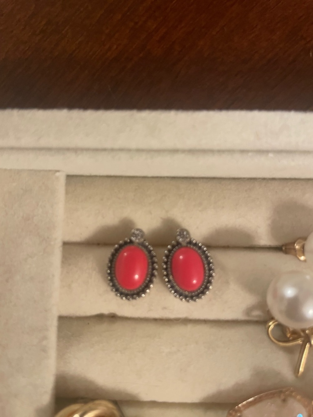 Women's Silver-Tone Red Oval Stud Earrings
